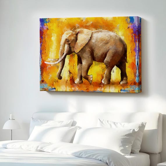 Modern Art Style Walking Elephant Oil Painting Look Canvas Wall Framed Animal