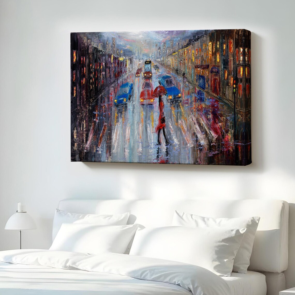 Rainy City Street Night Oil Painting Red Umbrella Urban Art Poster