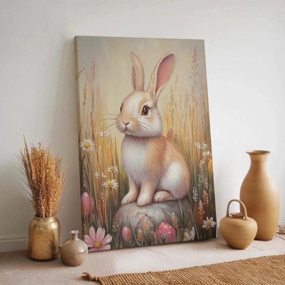 Spring Bunny Canvas Wall Art Cute Rabbit Sitting On Rock With Easter Eggs And Flowers Pastel Nursery Print For Baby Girl Room Decor