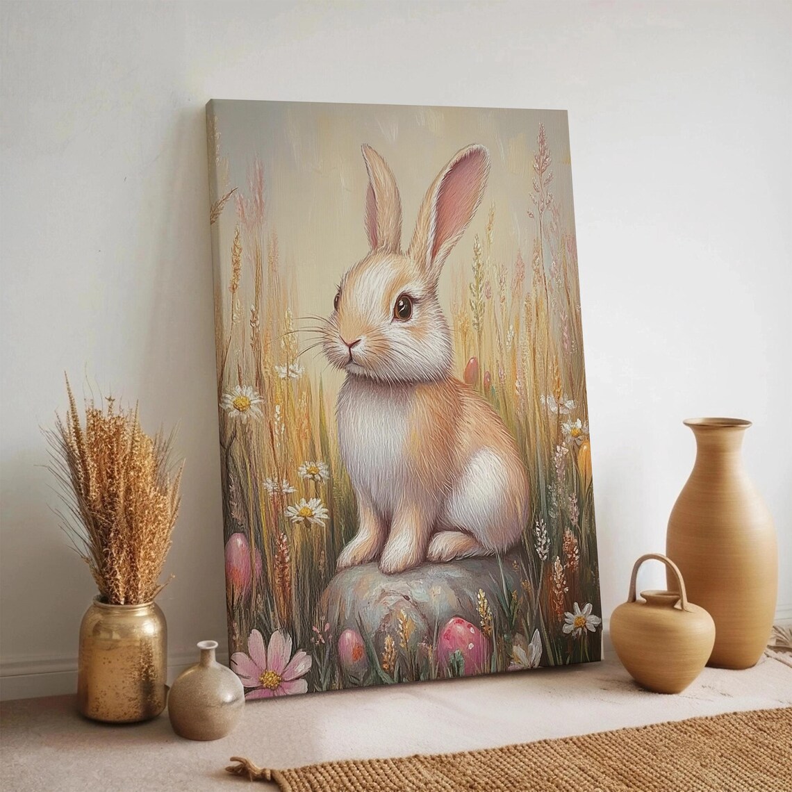 Cute Spring Bunny Rabbit on Rock with Flowers Easter Eggs Pastel Poster