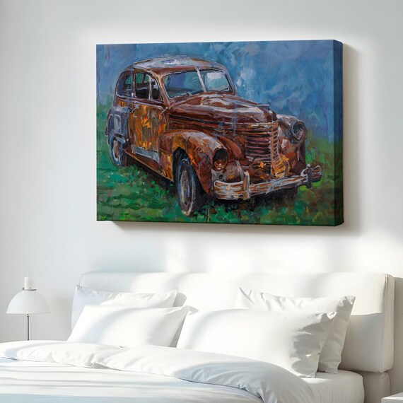 Rusty Vintage Car Abandoned Classic Automobile Oil Painting Poster