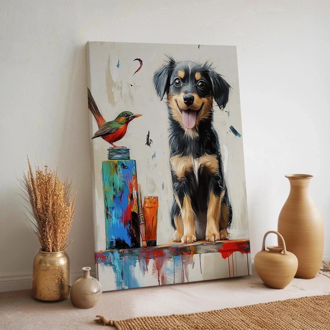 Cute Puppy With Bird Painting Smiling Dog Artist Palette Canvas Poster
