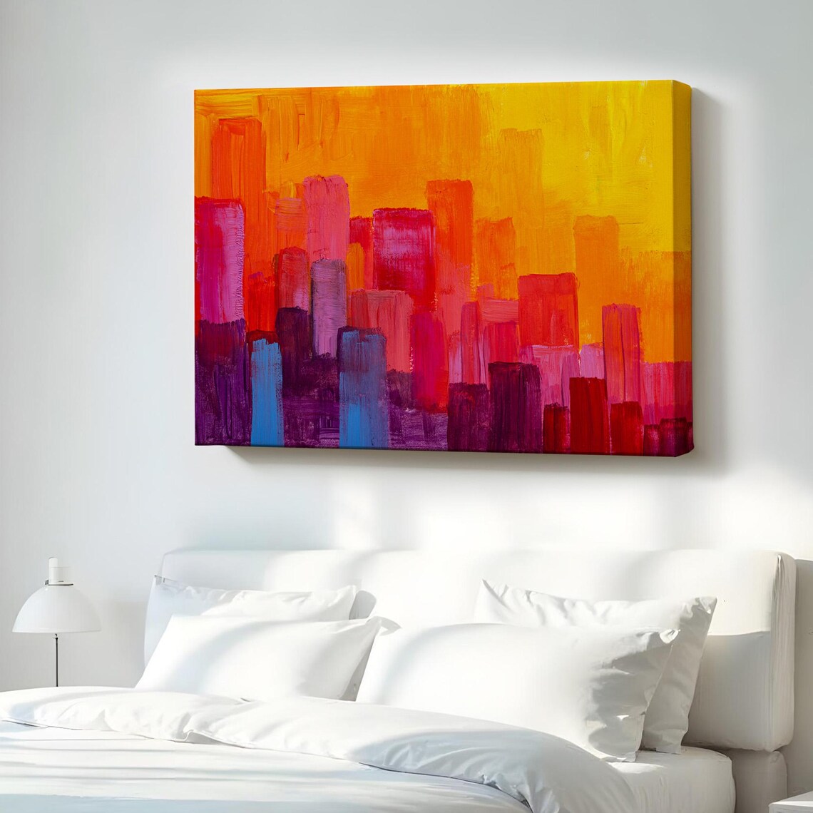 Abstract City Skyline Sunset Orange Pink Purple Oil Painting Poster