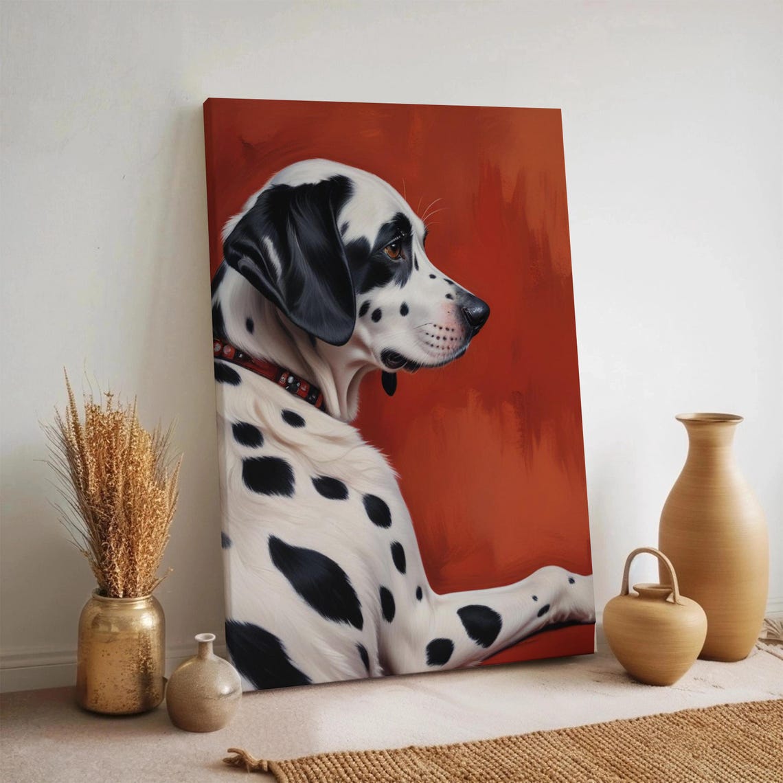 Dalmatian Dog Portrait Red Background Realistic Pet Lover Art Poster