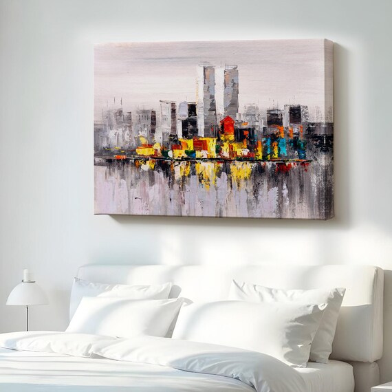 Abstract City Skyline Oil Painting Gray With Colorful Lights Poster
