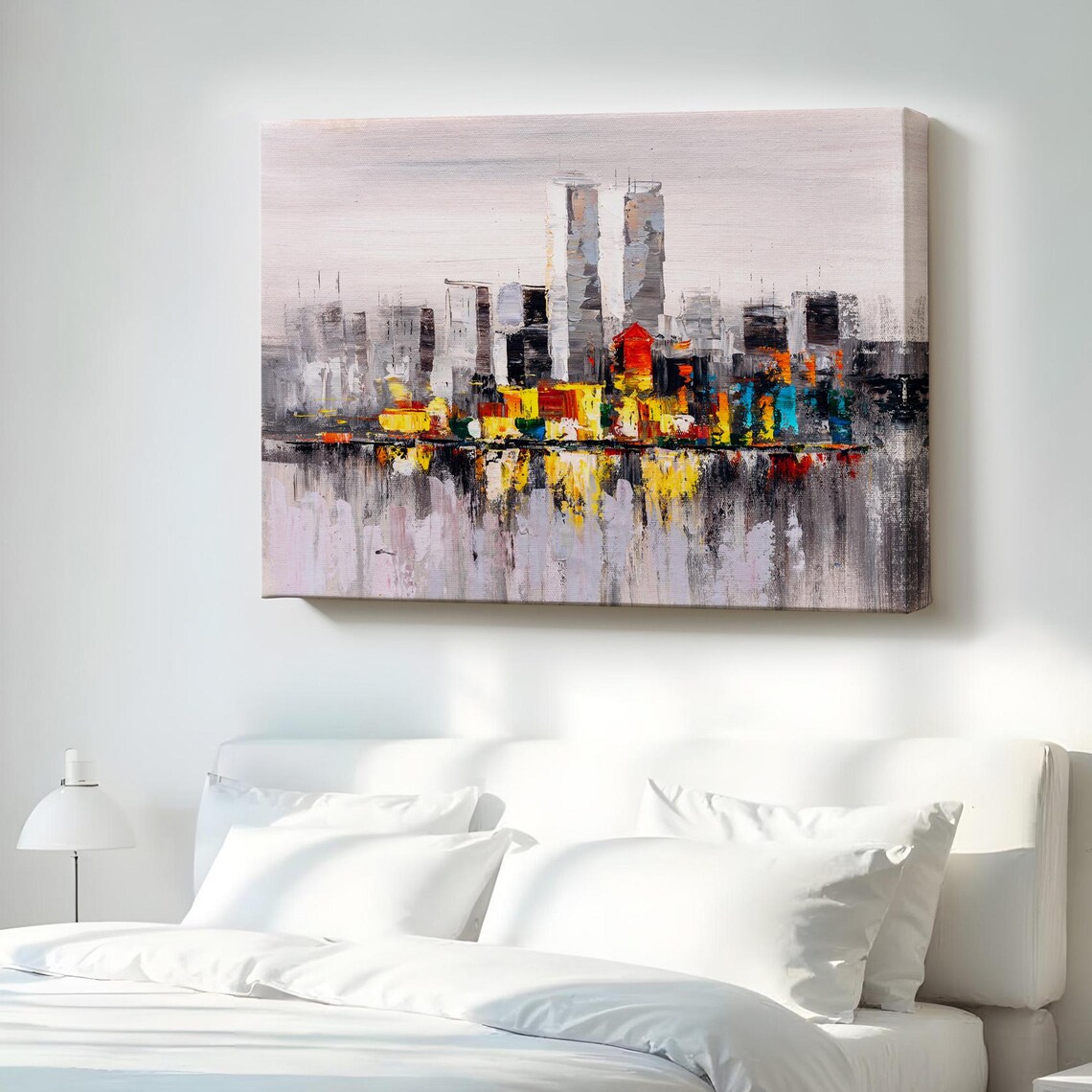 Abstract City Skyline Oil Painting Gray With Colorful Lights Poster