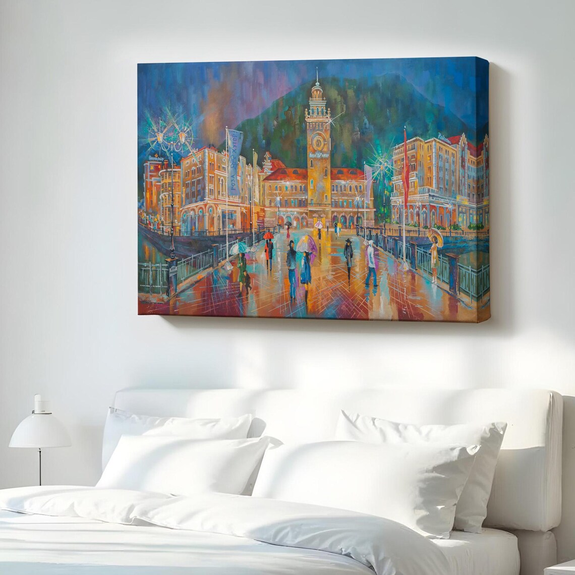 Rainy European City Square at Dusk with Umbrellas and Clock Tower Poster