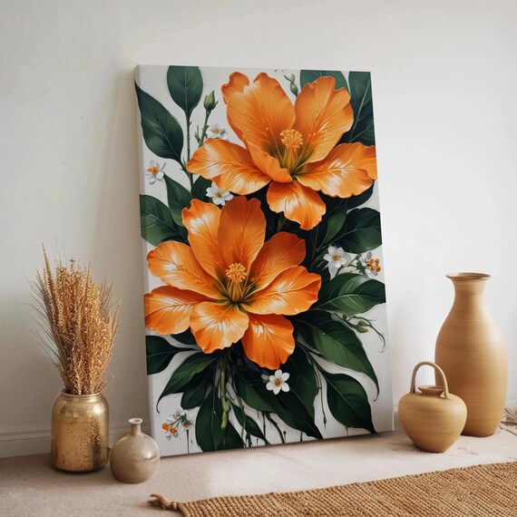 Two Orange Hibiscus Blooms with Green Leaves Botanical Wall Art