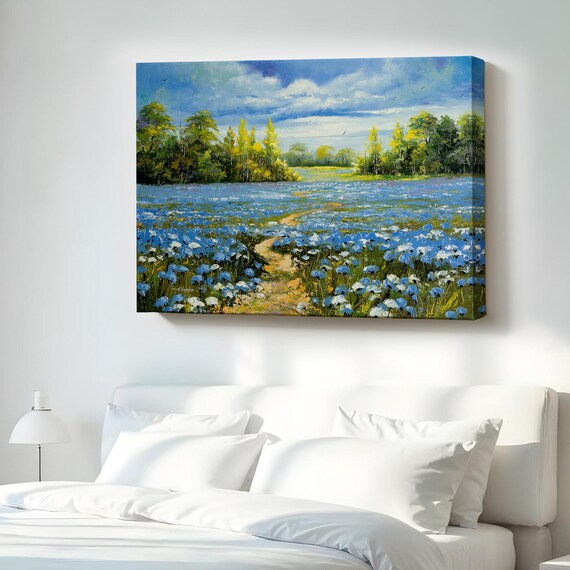 Blue Poppy Wildflower Field Path Oil Painting Serene Nature Landscape Poster
