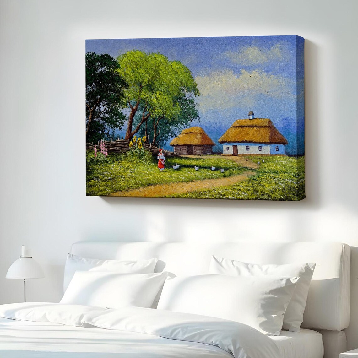 Thatched Roof Farmhouses With Geese And Country Girl Landscape Print