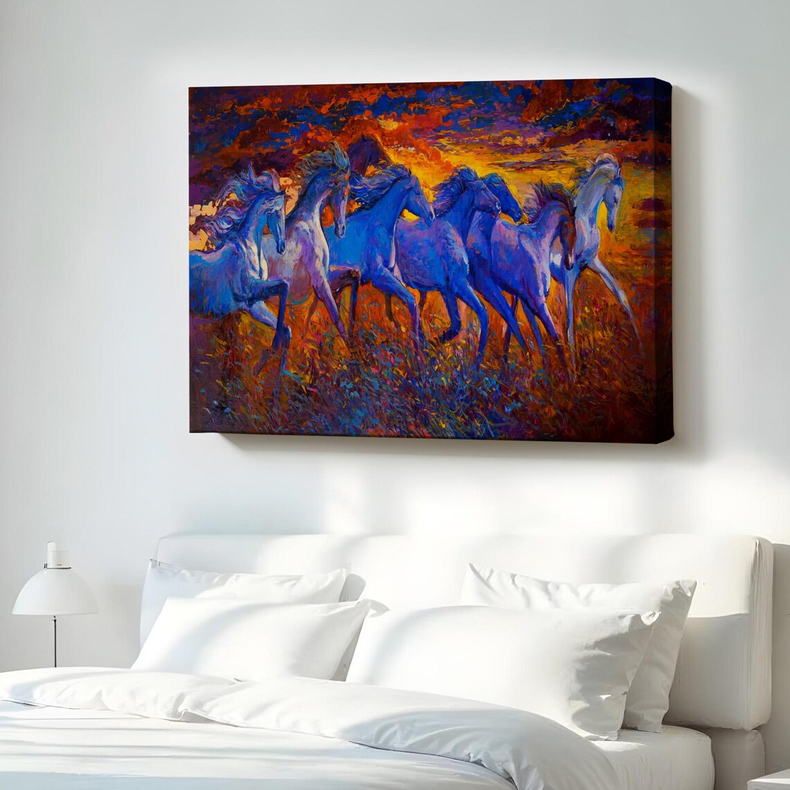 Galloping Blue Horses Sunset Oil Painting Dramatic Equine Canvas Wall Art