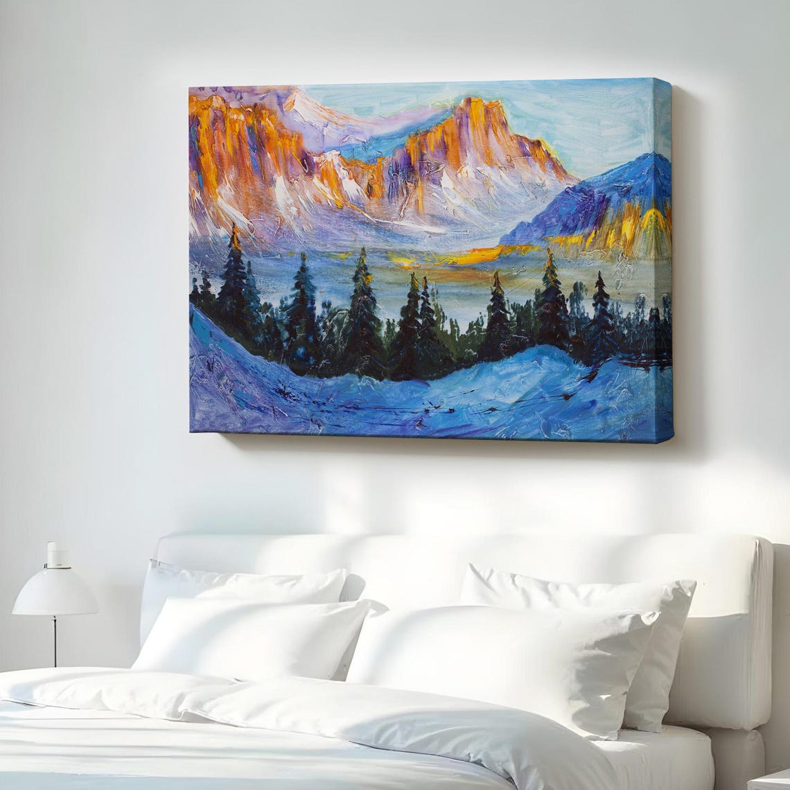 Snowcapped Mountain Landscape Golden Cliffs Pines and Blue Snow Poster