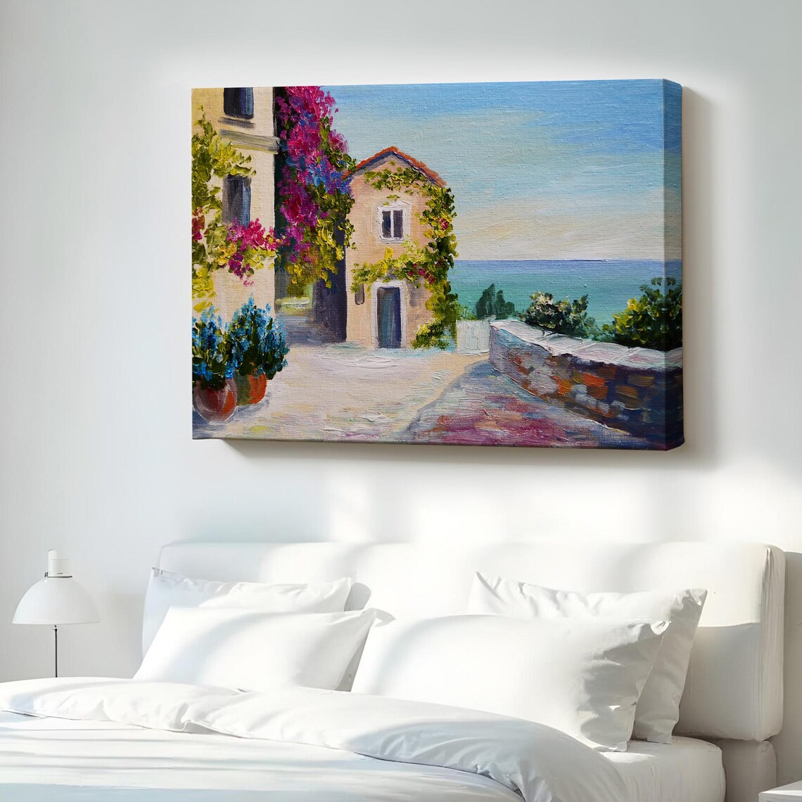 Mediterranean House with Sea View Painting Coastal Village Scene Canvas Wall Art