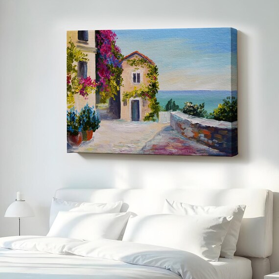 Mediterranean House with Sea View Painting Coastal Village Scene Canvas Wall Art