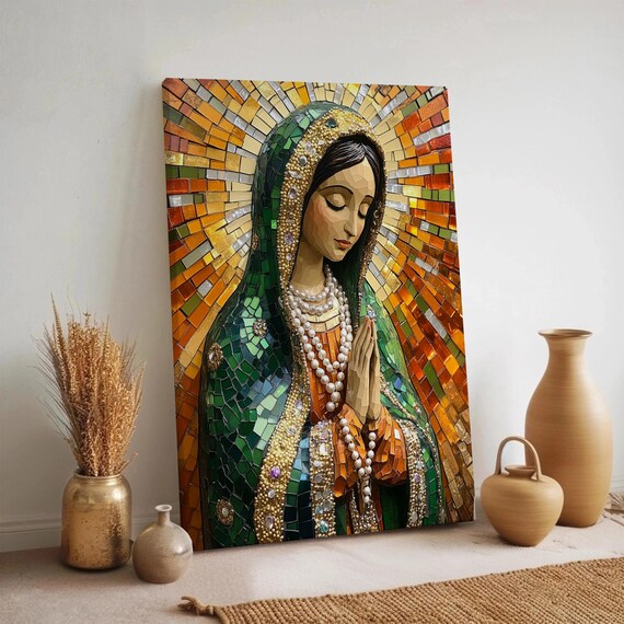 Our Lady of Guadalupe Mosaic Green Gold Catholic Devotional Art Poster