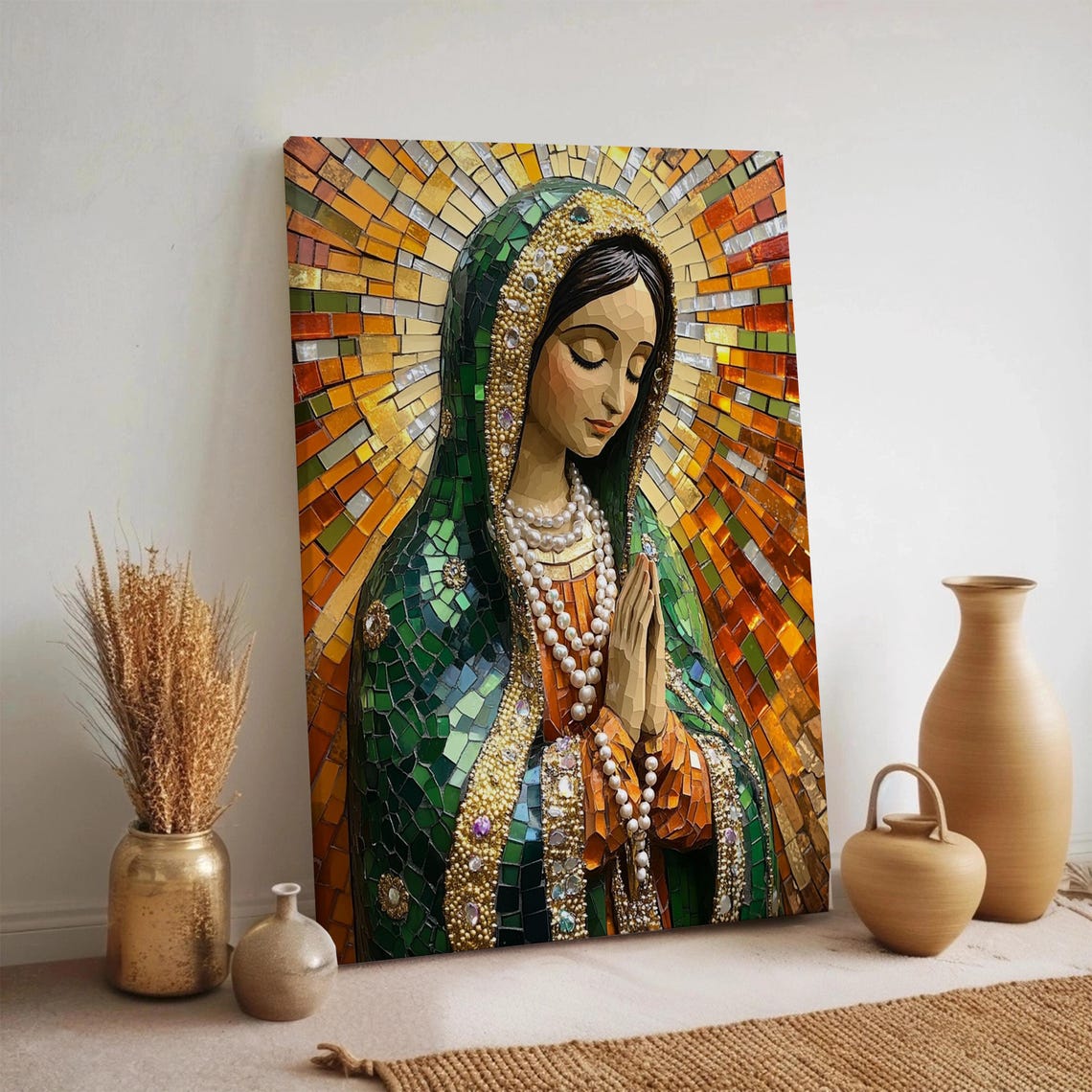 Our Lady of Guadalupe Mosaic Green Gold Catholic Devotional Art Poster