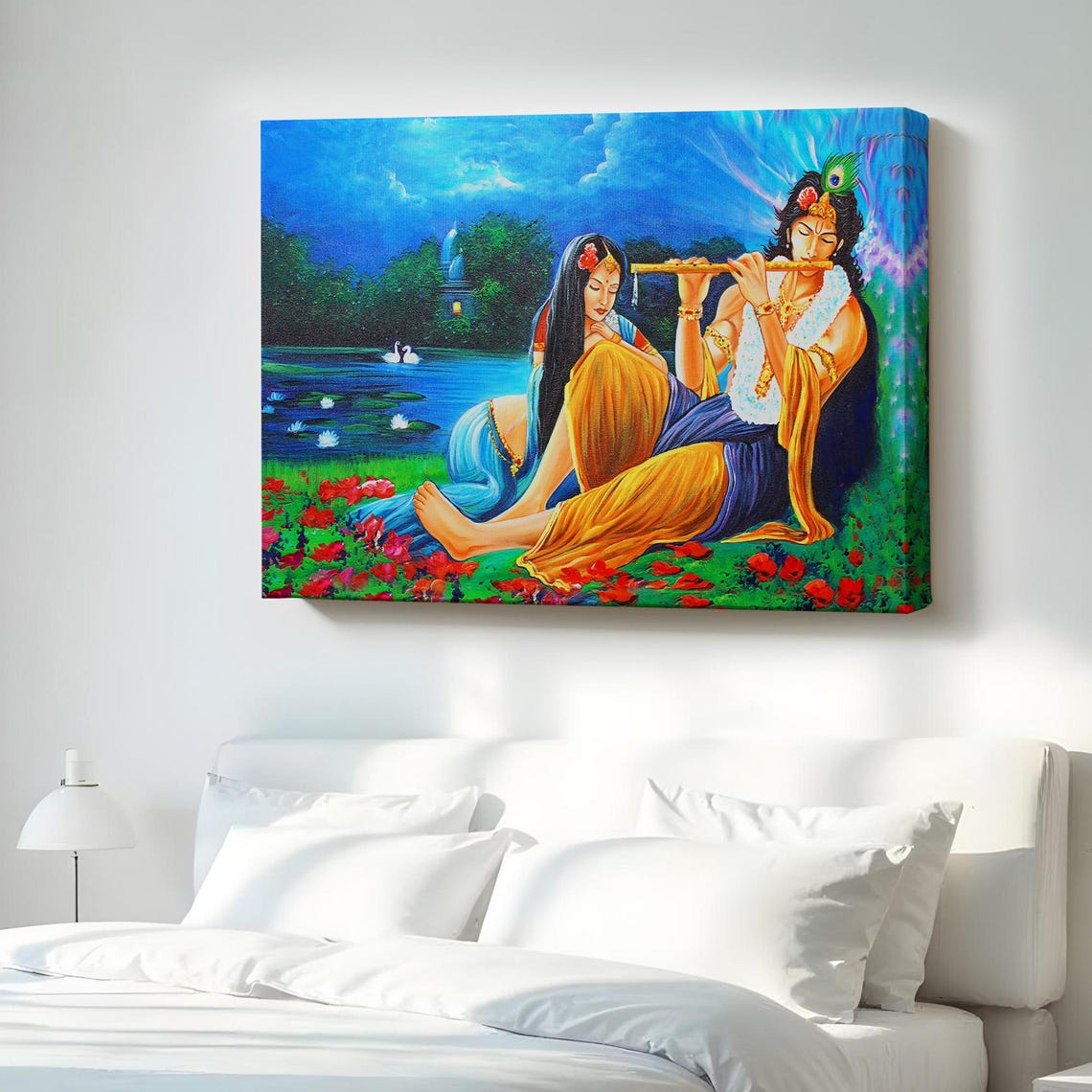 Radha Krishna Flute Lotus Riverside Divine Love Canvas Art Poster