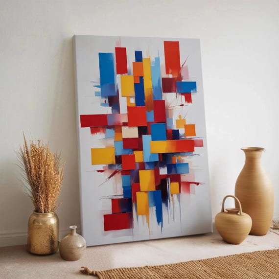 Abstract Geometric Canvas Wall Art Modern Colorful Blocks Painting Contemporary Decor Framed Living Room