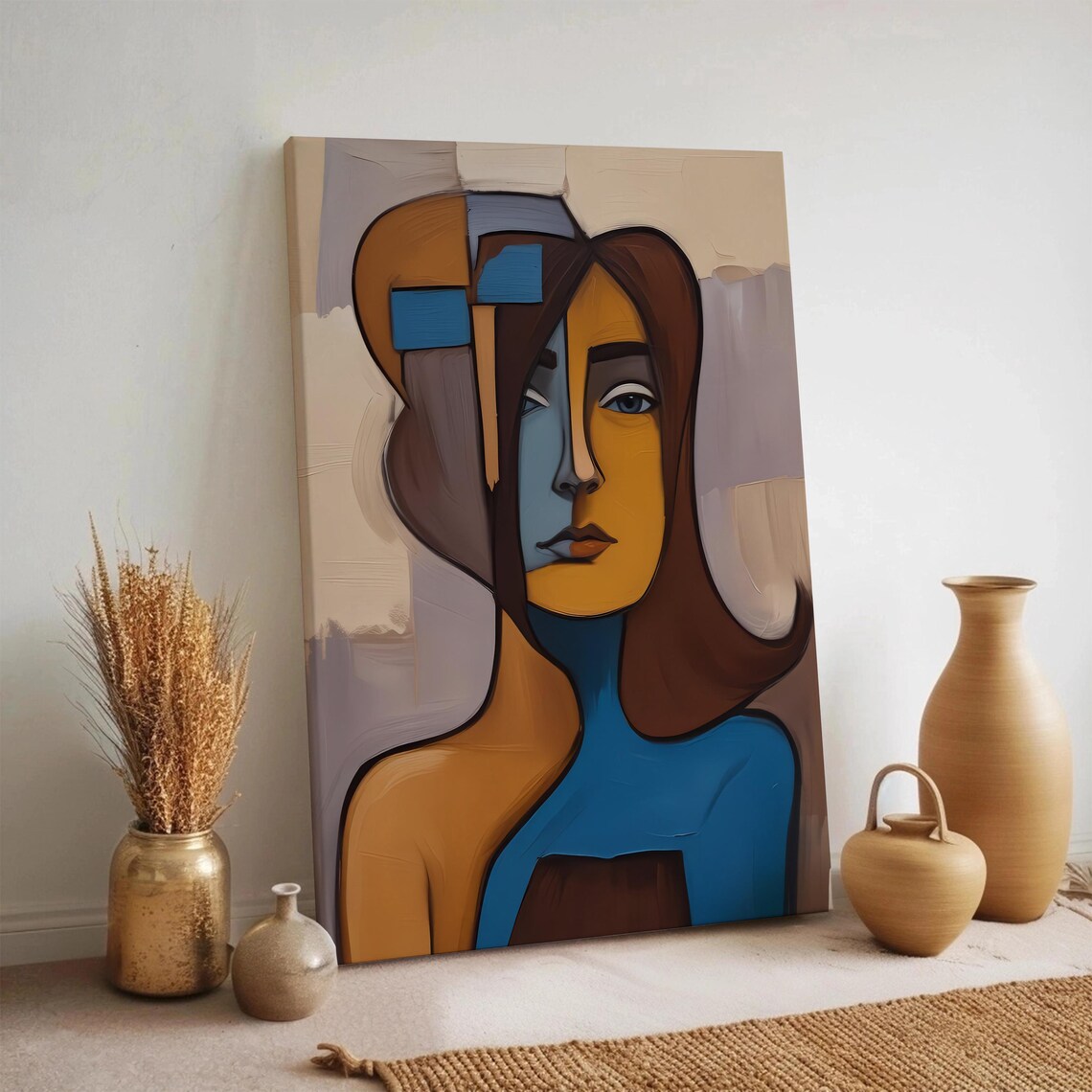 Cubist Woman Face Portrait Modern Geometric Earth Tone Art Poster