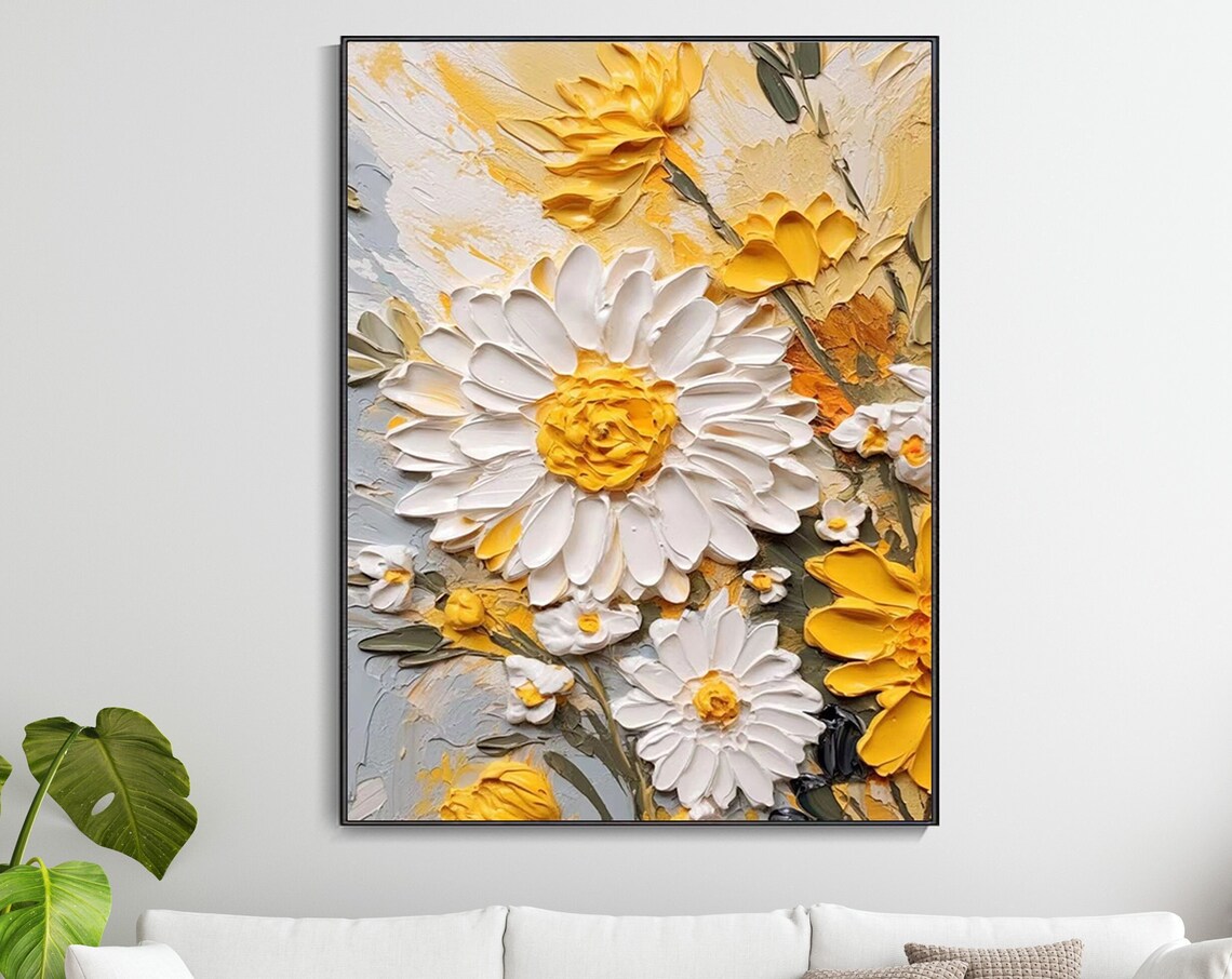 White Daisy Yellow Bloom 3D Floral Impasto Cheerful Modern Poster