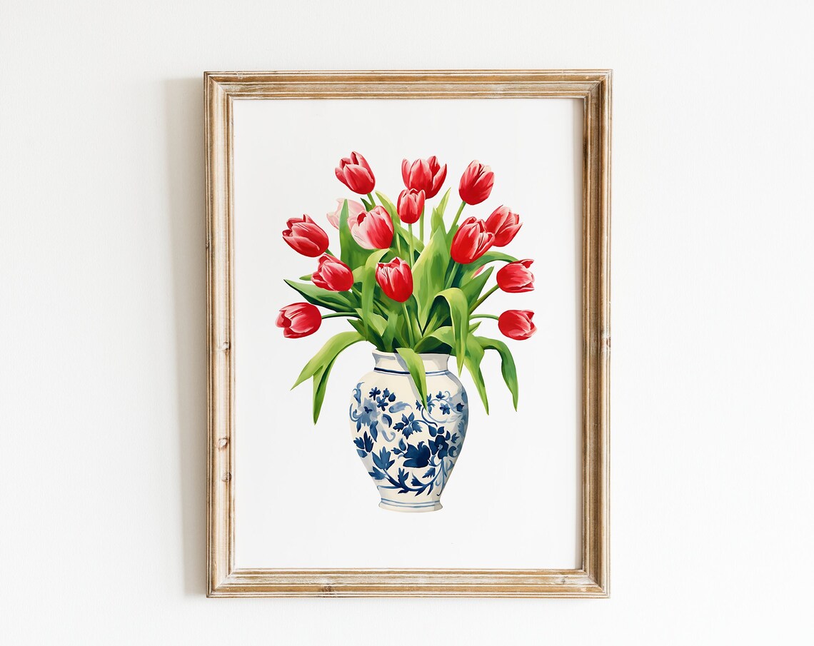 Tulips Red Bouquet Vase, Bohemian Modern Art Print