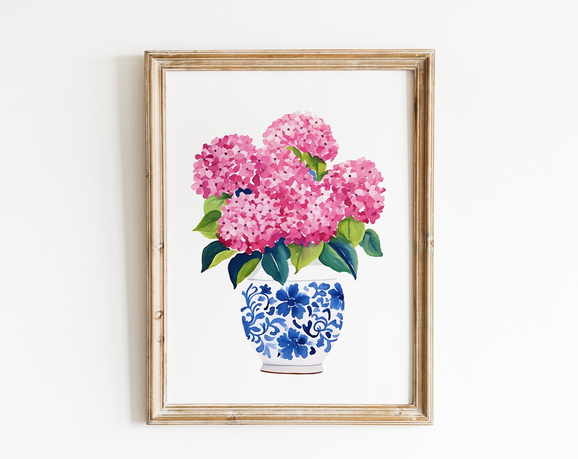 Pink Hydrangea Print, Bohemian Floral Wall Art