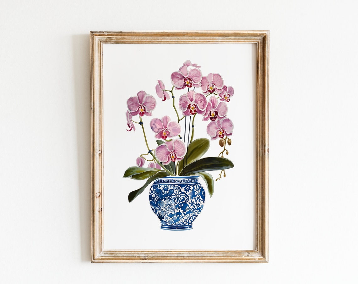 Pink Orchids In A Blue And White Chinoiserie Tile Vase Print