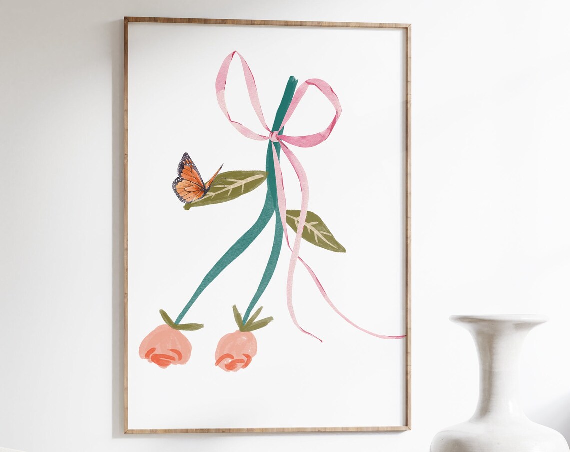 Hanging Rose Bouquet Pink Bow Ribbon Butterfly Cottagecore Poster