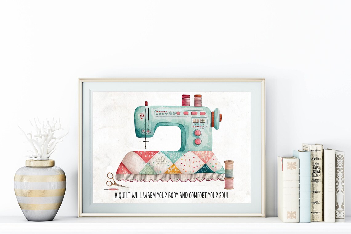 A Quilt Will Warm Your Body Teal Sewing Machine Patchwork Quilter Gift Poster - Image 3