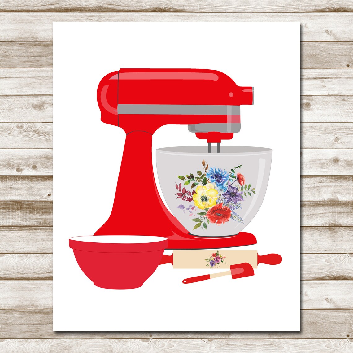 Red Kitchen Stand Mixer Floral Bowl Watercolor Baking Poster - Image 4