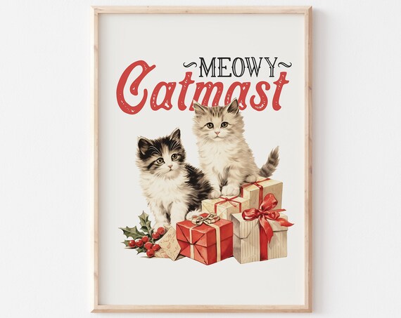Meowy Catmas Vintage Kittens With Christmas Gifts Holiday Poster