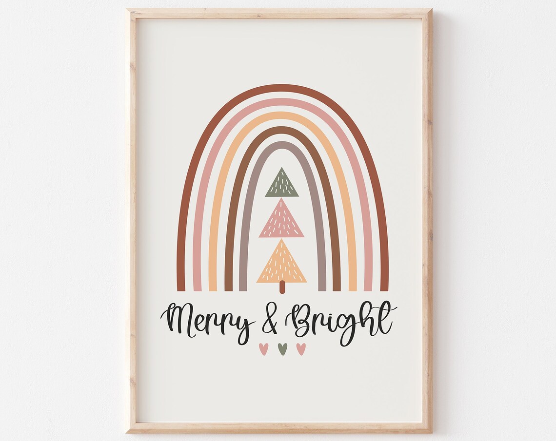 Merry And Bright Boho Rainbow Christmas Tree Minimalist Poster