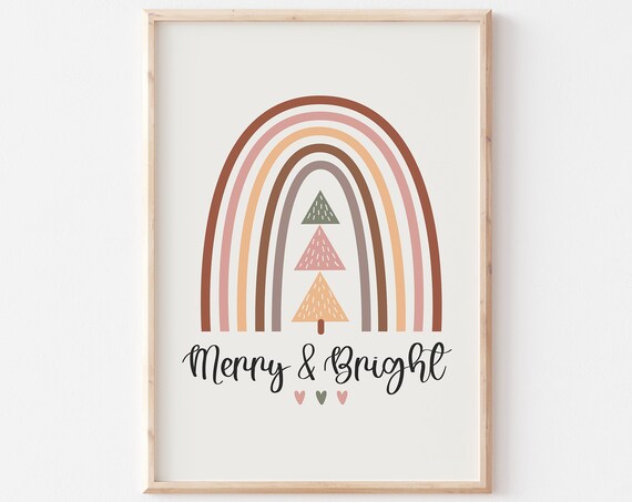 Merry And Bright Boho Rainbow Christmas Tree Minimalist Poster