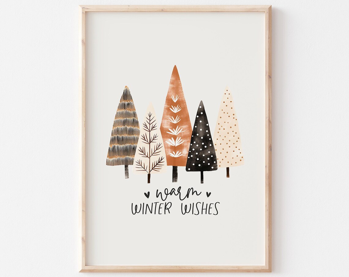 Warm Winter Wishes Five Patterned Trees Minimalist Holiday Print