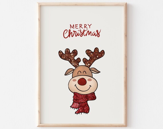 Merry Christmas Cartoon Reindeer With Glitter Antlers Poster