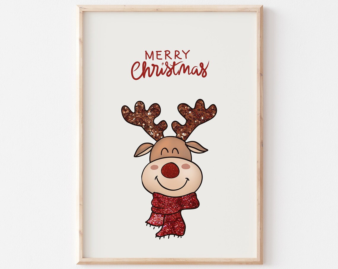 Merry Christmas Cartoon Reindeer With Glitter Antlers Poster