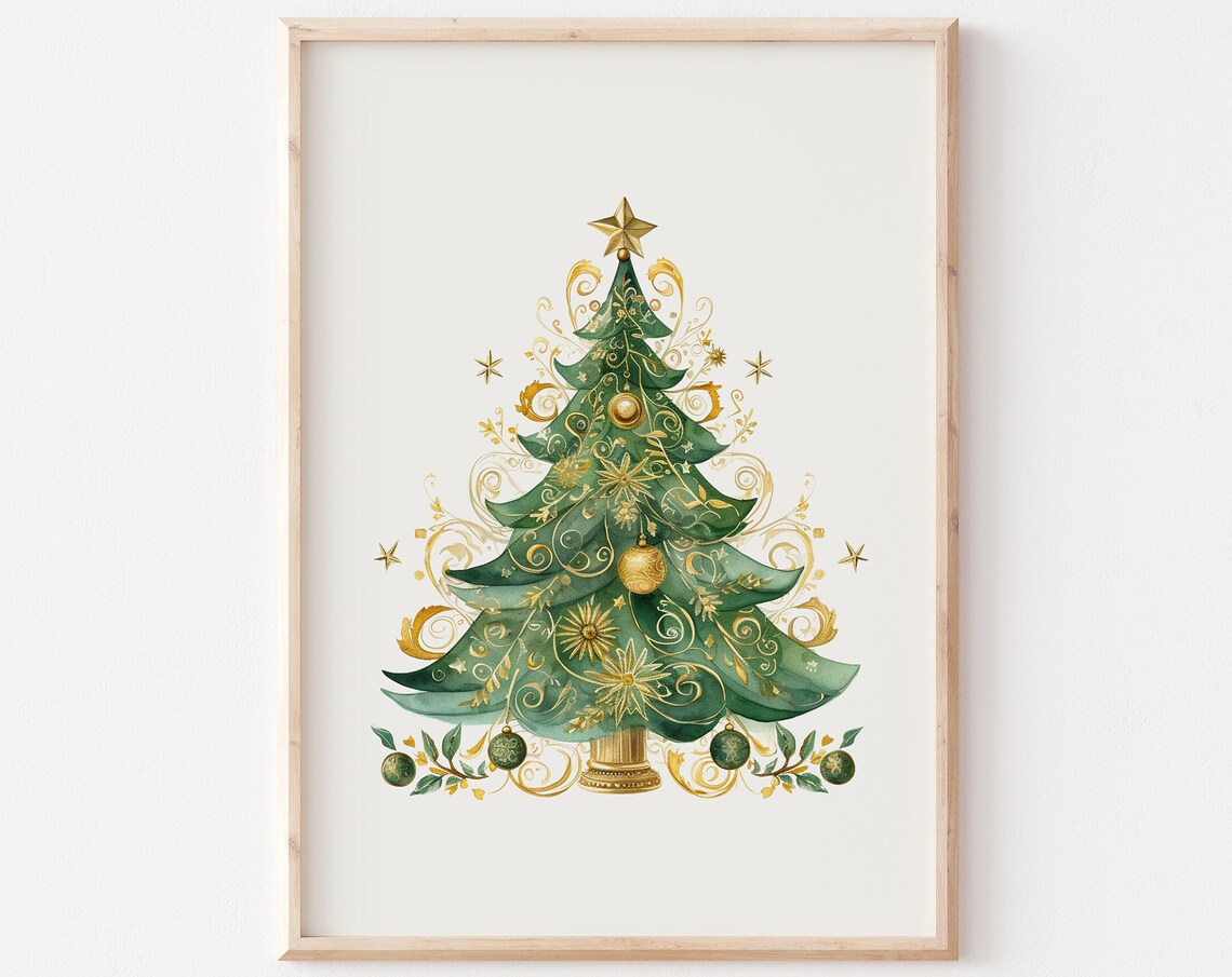 Elegant Gold Swirl Watercolor Christmas Tree With Ornaments Poster