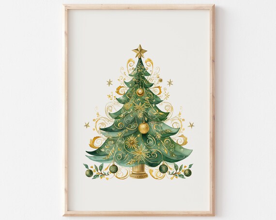 Elegant Gold Swirl Watercolor Christmas Tree With Ornaments Poster