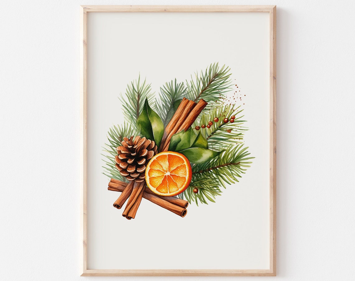 Rustic Watercolor Pine Cinnamon and Orange Slice Holiday Poster