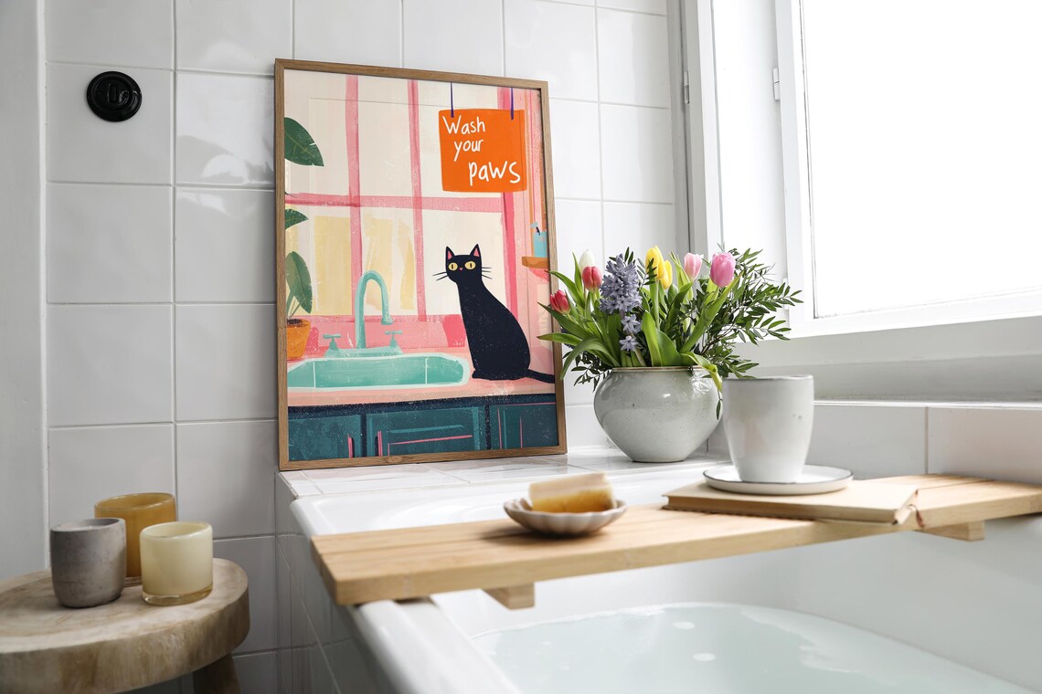 Wash Your Hands Funny Cat Bathroom Poster - Image 3