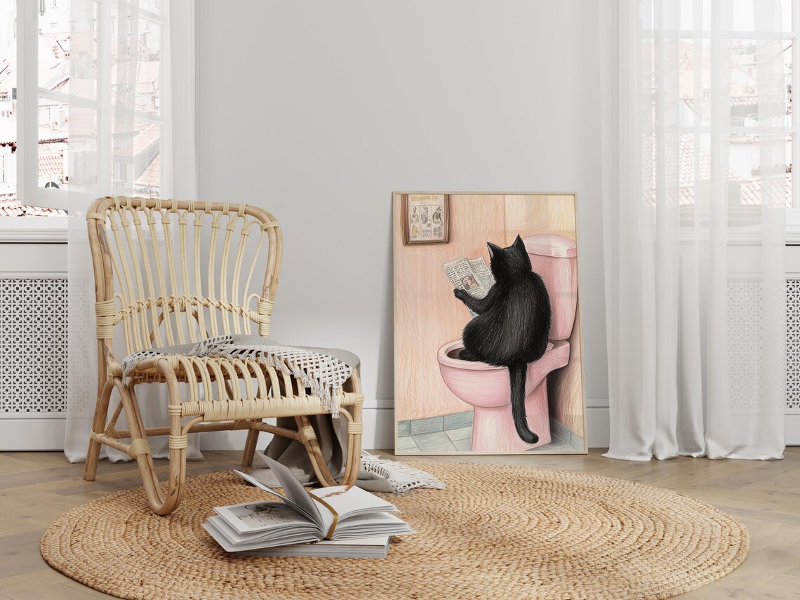Cat Reading A Newspaper, Funny Bathroom Art Print - Image 2