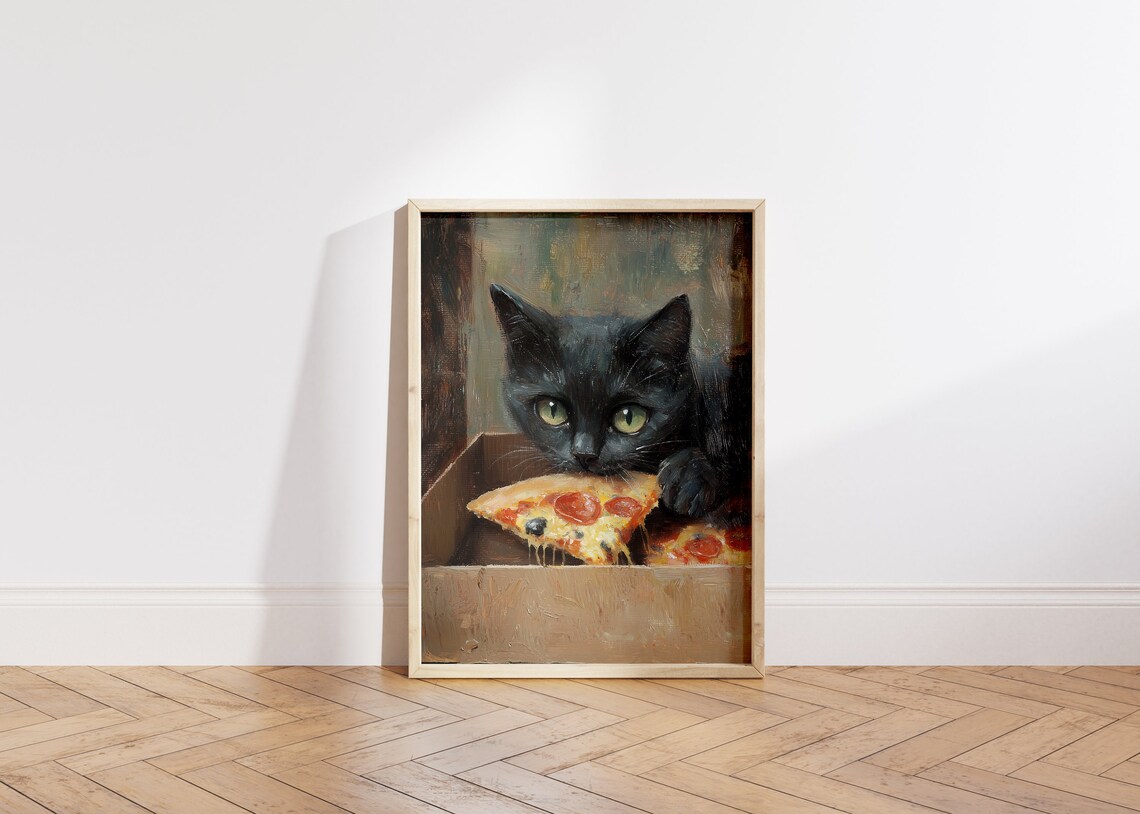 Cute Cat Eating Pizza, Funny Kitchen Art Print - Image 6