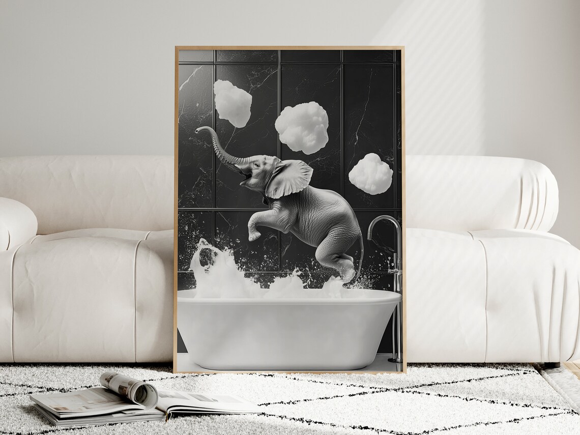 Happy Elephant In A Tub, Funny Bathroom Wall Art - Image 4