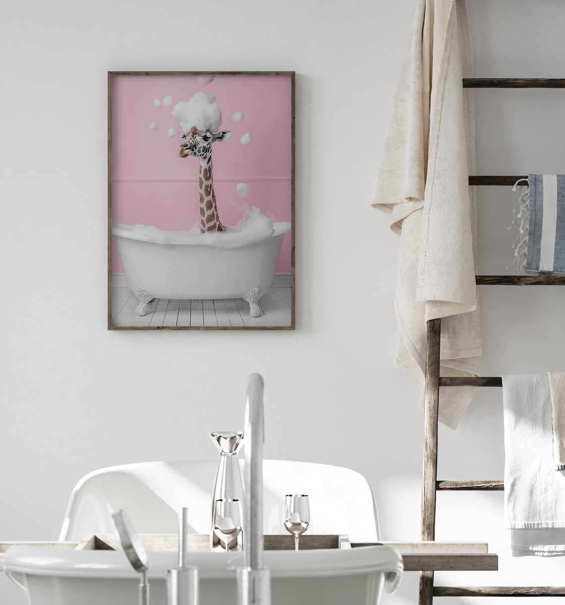 Cute Giraffe In A Bathtub, Funny Bathroom Art Print - Image 3