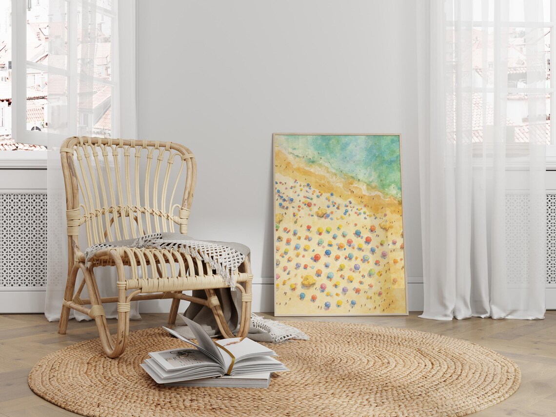 Aerial Beach Umbrella Poster, Watercolor Coastal View - Image 3