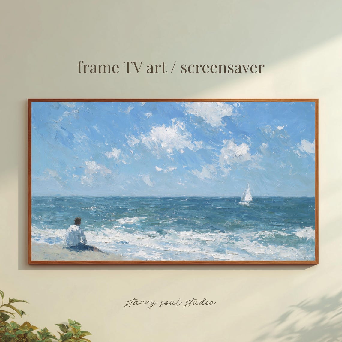 Lone Sailor Shore Sailboat Blue Waves Dreamy Oil Painting Print