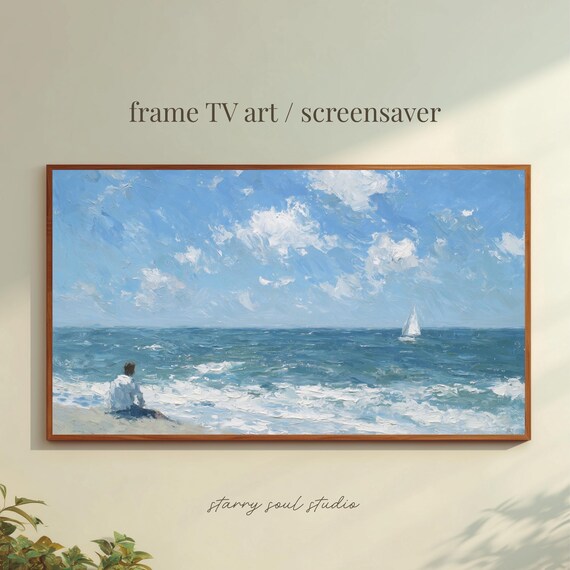 Lone Sailor Shore Sailboat Blue Waves Dreamy Oil Painting Print