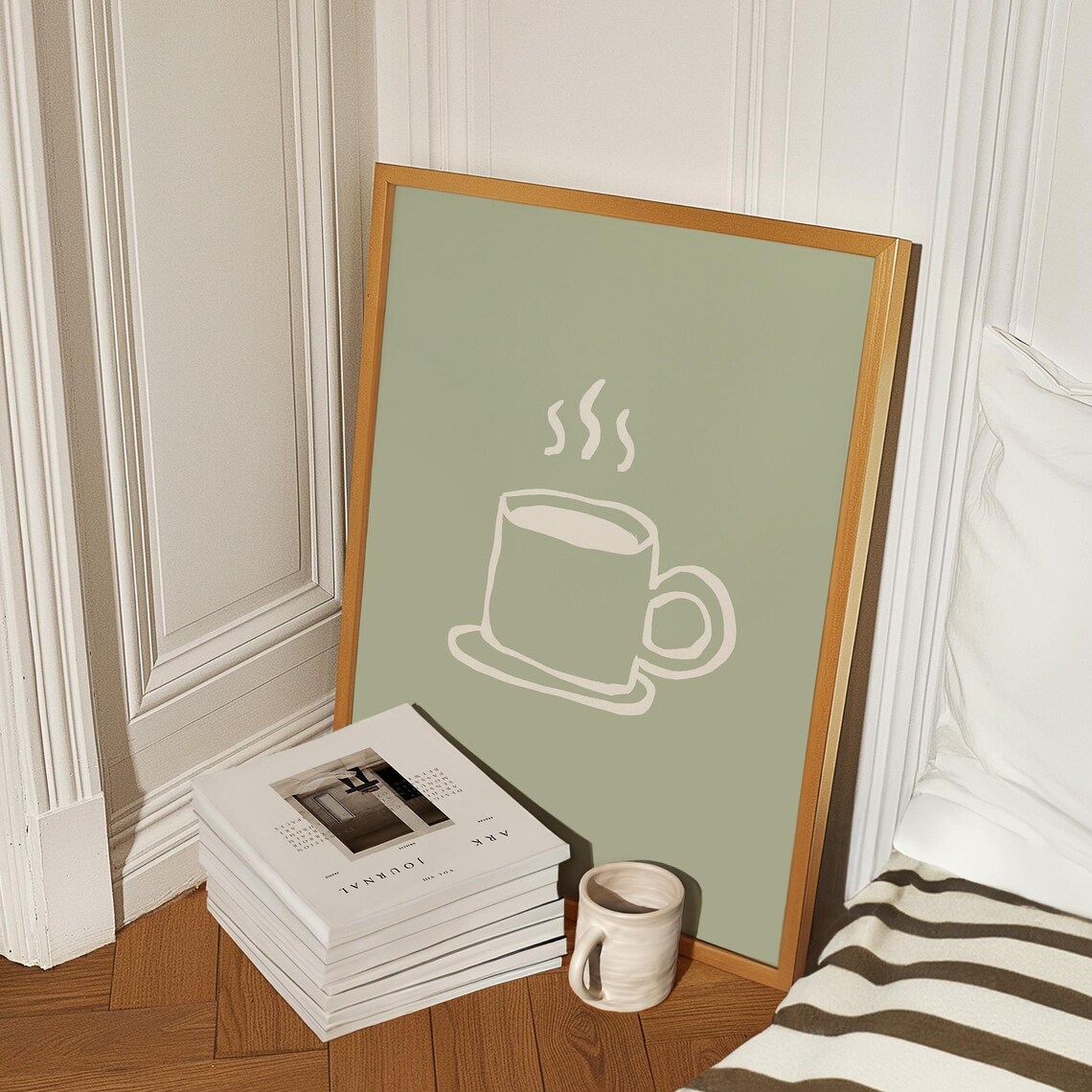 Sage Green Coffee Cup Cream Line Art Minimalist Kitchen Poster
