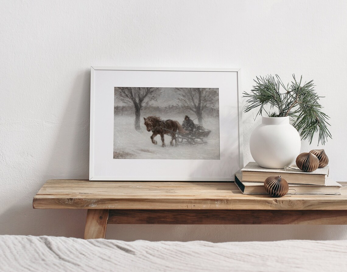 Gusty Sleigh Ride Vintage Horse Winter Art Print - Image 2