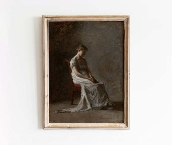 Victorian Lady Portrait Seated Chair Moody Antique Oil Painting Wall Print